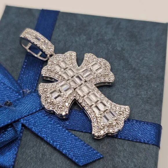 Silver 925 Rhodium Plated Fleur De Lis Cross Baguette Cut Clear CZ Pendant - Picture 3 of 9